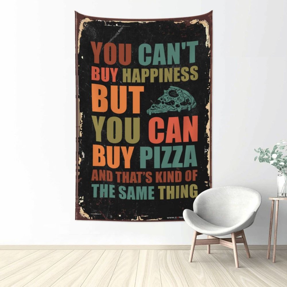 Bar Accessories for Man Cave, "You Can't Buy Happiness But You Can Buy a Pizza" Wall Tapestry, Bedroom Decor, 75 x 100 cm