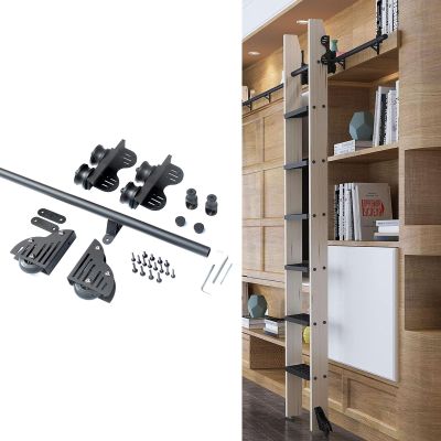 Stand Up Tensible Rolling Library Ladder Hardware Kit, 3,326.2 ft Steel Round-Tube Track Set with Braked Floor Roller (Ladder Not Included) (Black, G