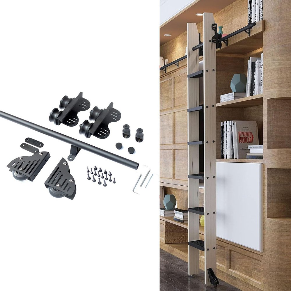 Stand Up Tensible Rolling Library Ladder Hardware Kit, 3,326.2 ft Steel Round-Tube Track Set with Braked Floor Roller (Ladder Not Included) (Black, G