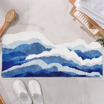 Blue 3D Wave Bathroom Rug, TPR Non-Slip Bath Mat, 50 × 120 cm