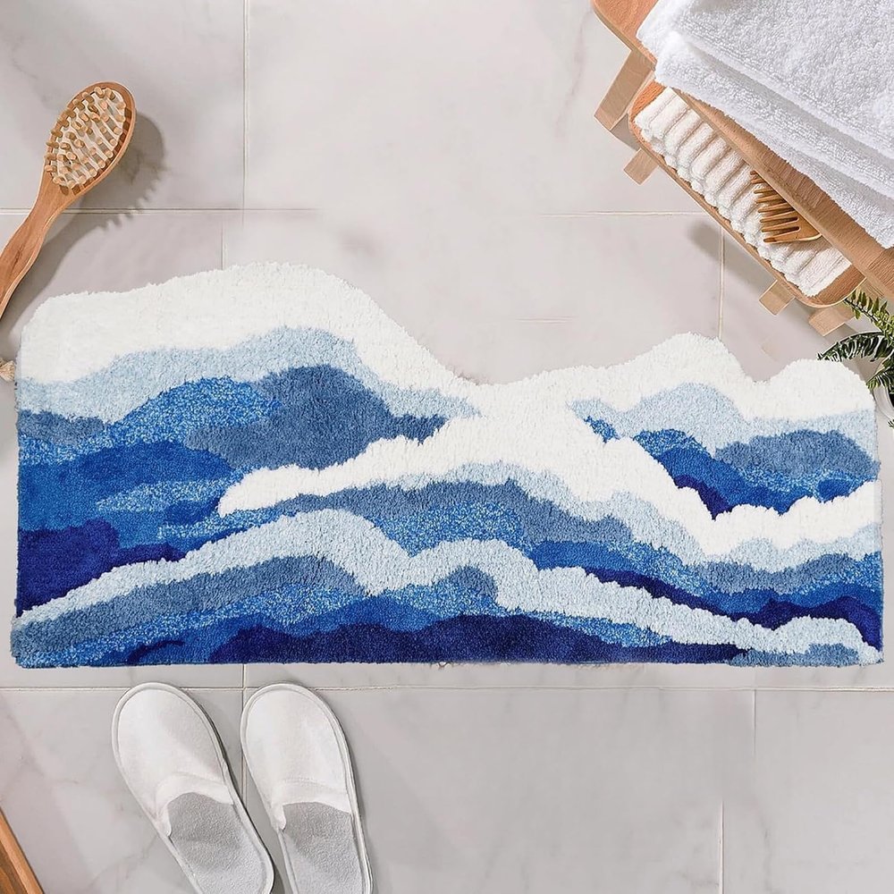 Blue 3D Wave Bathroom Rug, TPR Non-Slip Bath Mat, 50 × 120 cm