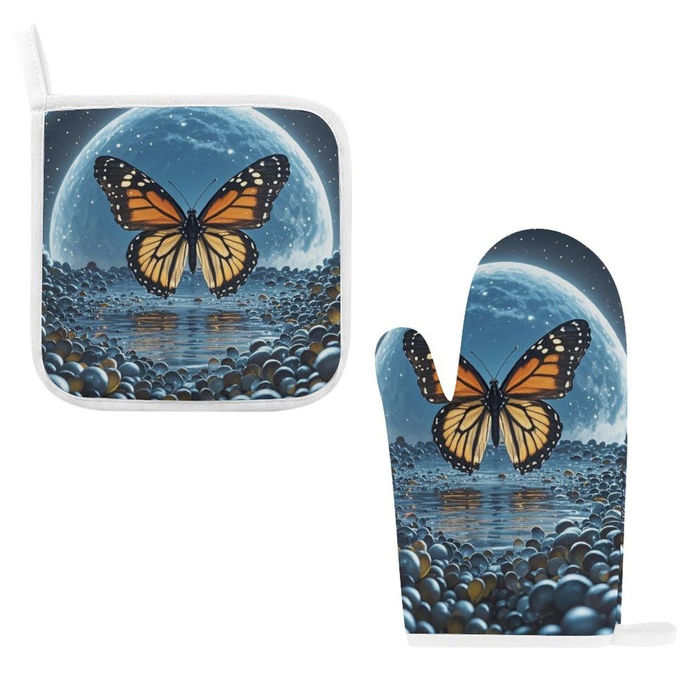 Oven Mitt and Potholder Set, 2 Pieces, Flying Butterflies