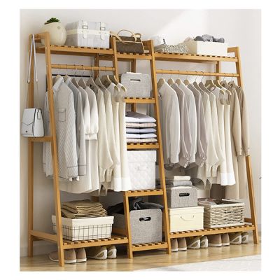 Bamboo Clothes Rack with 5-Tier Shoe Rack and Overhead Bar