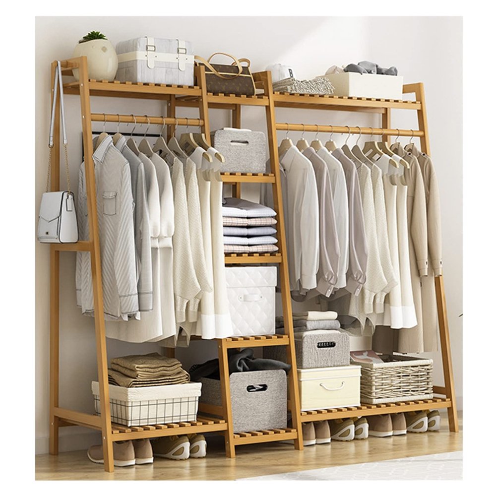 Bamboo Clothes Rack with 5-Tier Shoe Rack and Overhead Bar