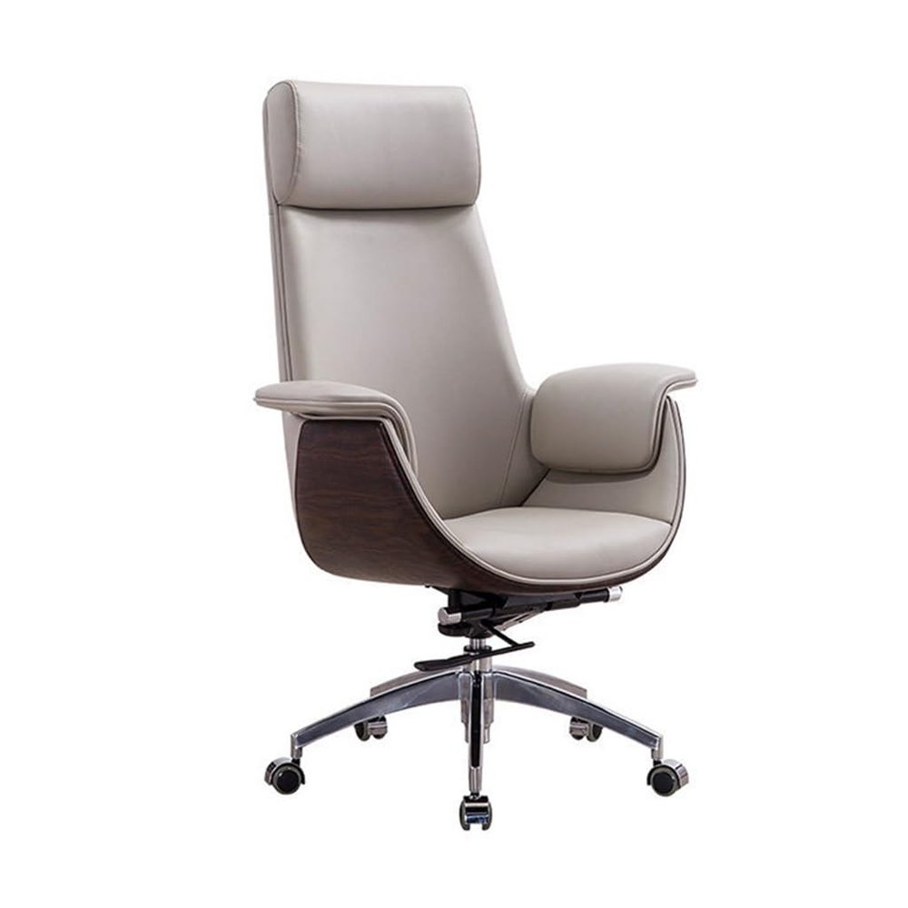 Luxurious Executive Chair with High Backrest, Lumbar Support, Headrest, and PU Leather Upholstery, Gray, Size L