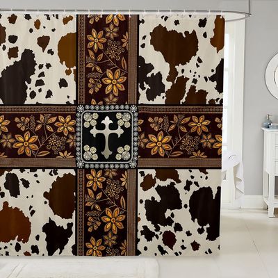 TDTRADD Cow and Retro Floral Shower Curtain, Brown 72