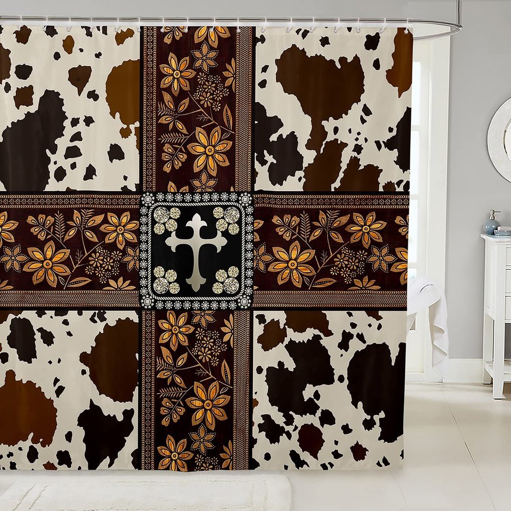 TDTRADD Cow and Retro Floral Shower Curtain, Brown 72