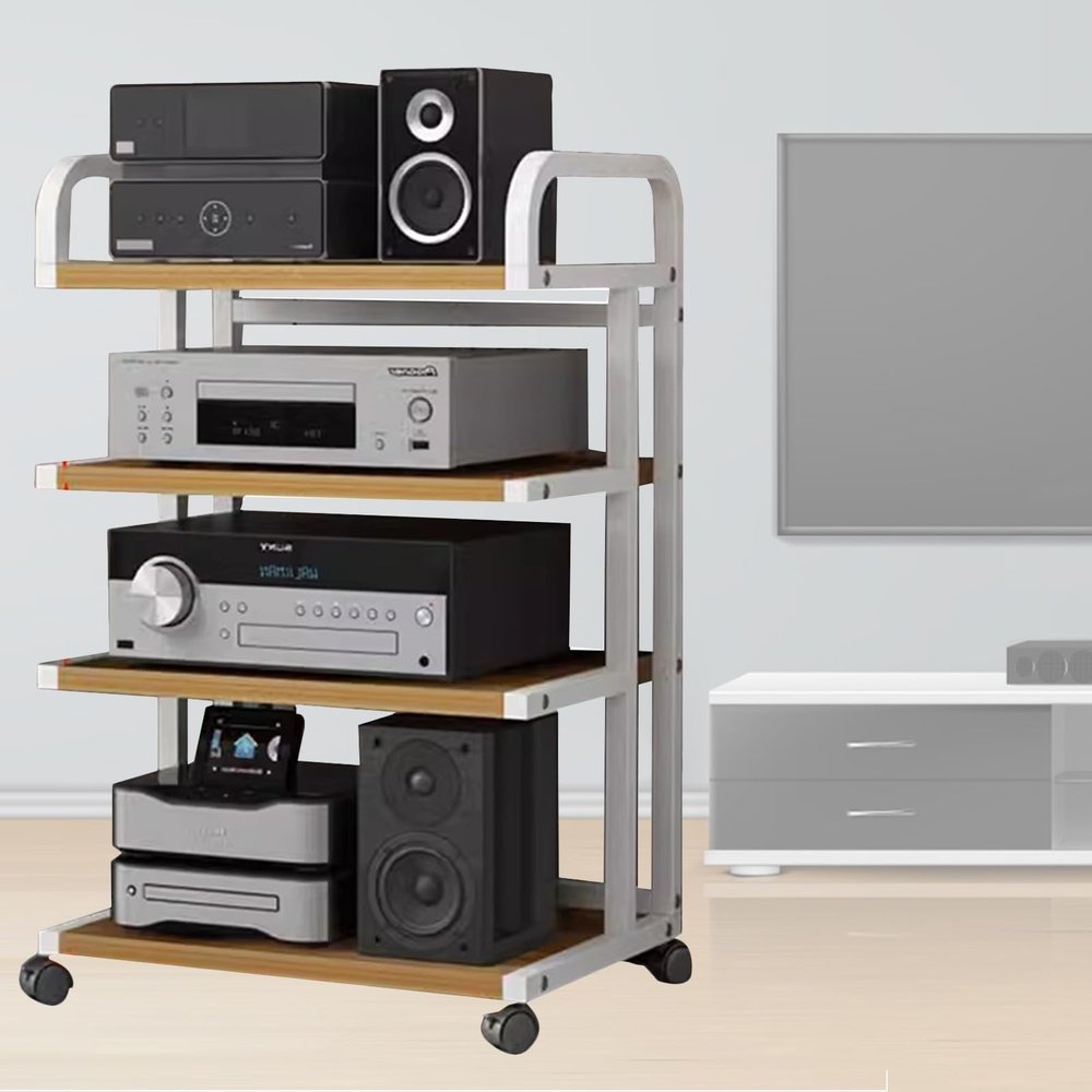 Modern Audio-Video Media Stand with Wheels, Corner Shelves, Stereo Audio Rack Tower (C, 50 x 40