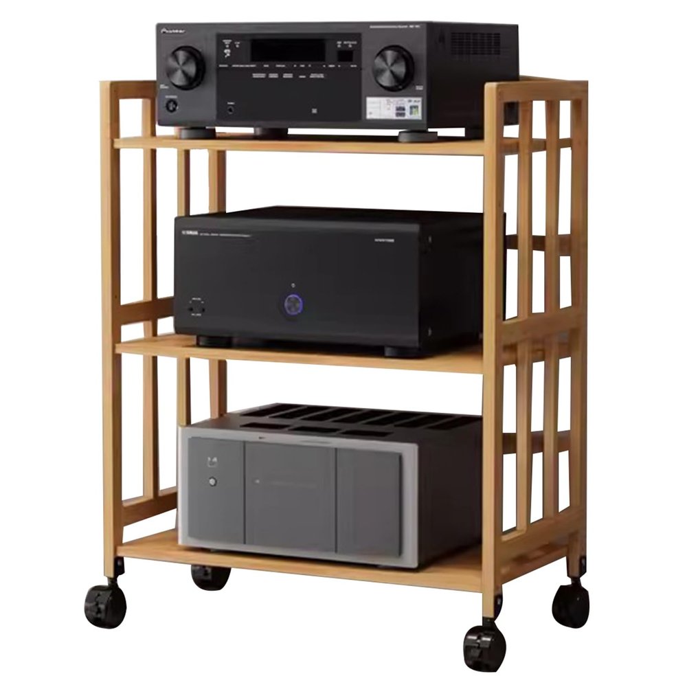 Mobile Bamboo Audio Rack, 3-Tier Stereo Component Stand on Wheels, Multifunctional AV Media Stand (Color 1)