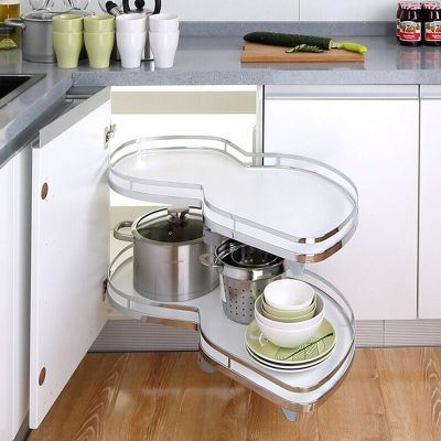 Corner Pull-Out Organizer for Kitchen Cabinets, Flying-Saucer-Shaped Basket, for 900–1,000 mm Cabinets (Left Open), White