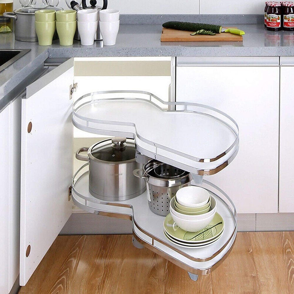 Corner Pull-Out Organizer for Kitchen Cabinets, Flying-Saucer-Shaped Basket, for 900–1,000 mm Cabinets (Left Open), White