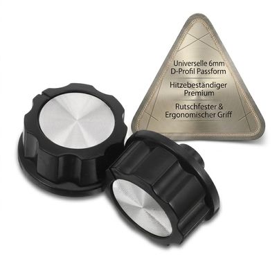 UKCOCO 2-Piece Air Fryer Replacement Knob Set, 6 mm D-Profile Timer & Temperature Knobs, Heat-Resistant, Black/Silver