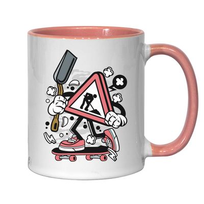 Under Construction Street Sign Skater Shovel Art Ceramic Tea and Coffee Mug, Pink