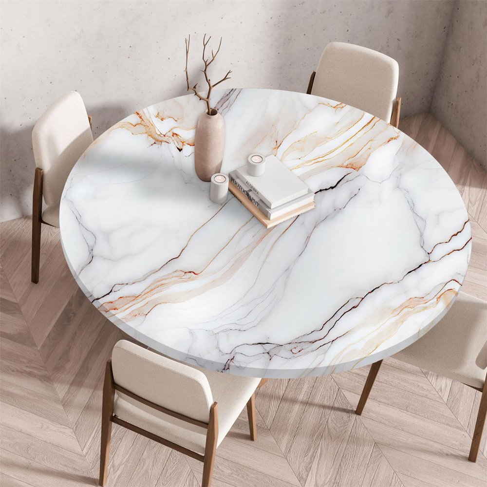 Treer Round Outdoor Tablecloth, Gray-White Marble Pattern, Washable Elastic Table Cover, 60 cm