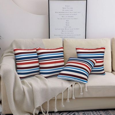 VBNTY Decorative Pillow Covers, 4-Pack, Red Blue White Gray Striped, 30.5 x 30.5