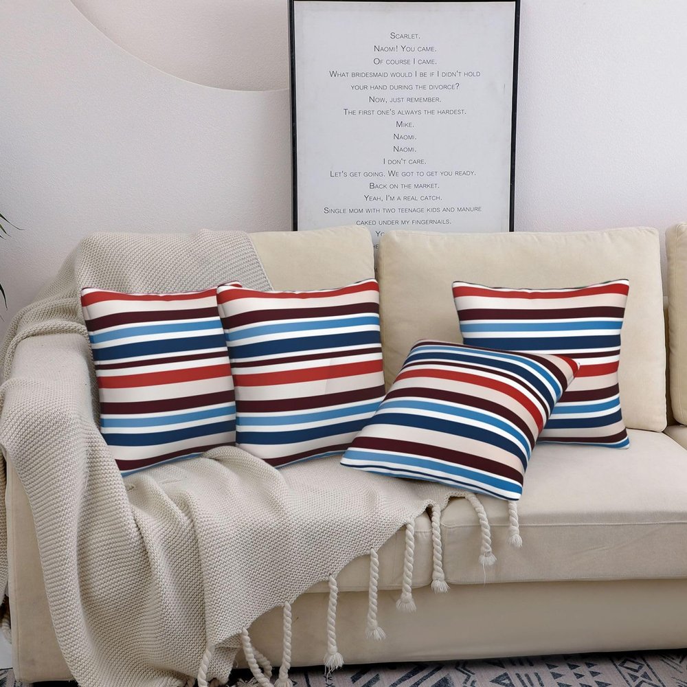 VBNTY Decorative Pillow Covers, 4-Pack, Red Blue White Gray Striped, 30.5 x 30.5