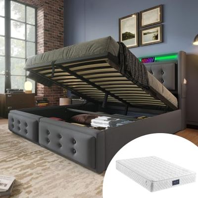 KUAKE Upholstered Bed 160 x 200 cm with Storage, LED Headboard, USB Charging and Mattress