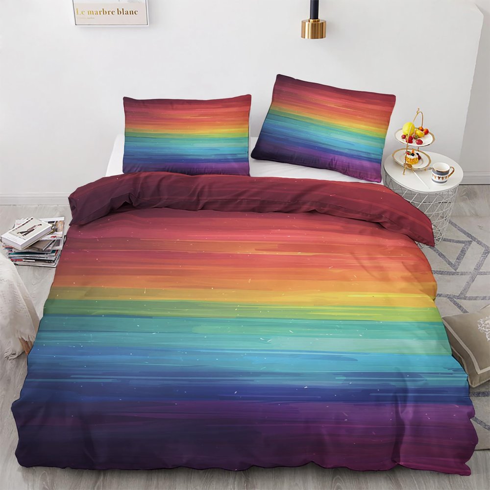 zcwl Rainbow Gradient Duvet Cover Set 155 x 200 cm, Colorful Striped, 2-Piece Reversible Microfiber Bedding