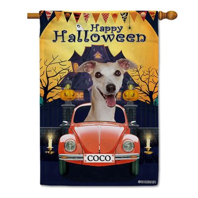 GABSHAIM Happy Halloween Dog House Flag, Happy Whippet Driving a Car with Jack-o'-Lantern, Custom Party Decor Banner, 71.1 x 101.6 cm, Double-Sided