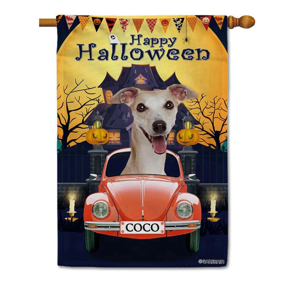 GABSHAIM Happy Halloween Dog House Flag, Happy Whippet Driving a Car with Jack-o'-Lantern, Custom Party Decor Banner, 71.1 x 101.6 cm, Double-Sided