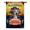 GABSHAIM Happy Halloween Dog House Flag, Happy Whippet Driving a Car with Jack-o'-Lantern, Custom Party Decor Banner, 71.1 x 101.6 cm, Double-Sided view 1