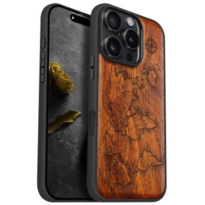 Carveit Wooden Case for iPhone 16 Pro, Plum-Colored Compass Maps