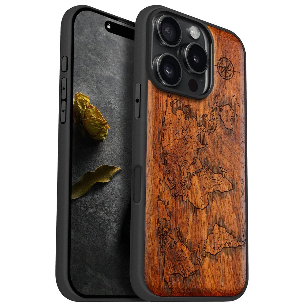 Carveit Wooden Case for iPhone 16 Pro, Plum-Colored Compass Maps