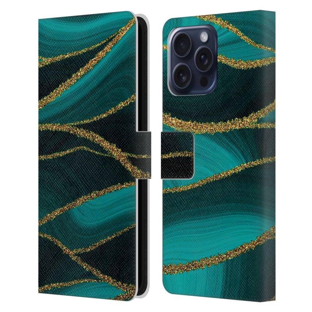 Head Case Designs Official UtArt Turquoise Shimmering Malachite Emerald Leather Wallet Case Compatible with Apple iPhone 16 Pro Max