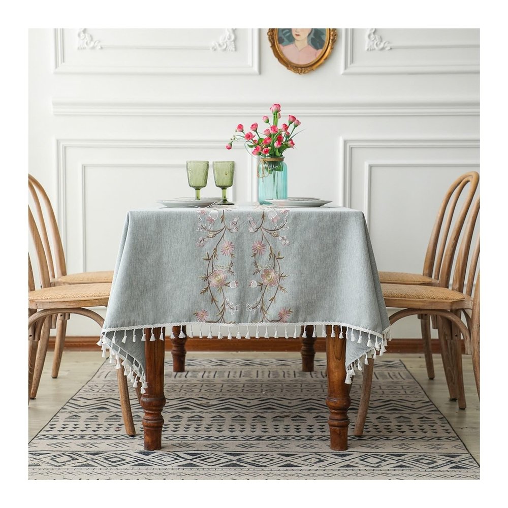 Blue Washable Polyester Tablecloth with Floral Embroidery, Square 140 x 140 cm