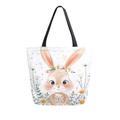 Mnsruu Cartoon Little Bunny Canvas Tote Bag for Women, Large Shoulder Bag, Reusable Grocery Shopping Bag, Handbag, A1386, 34.5 x 13 x 40 cm
