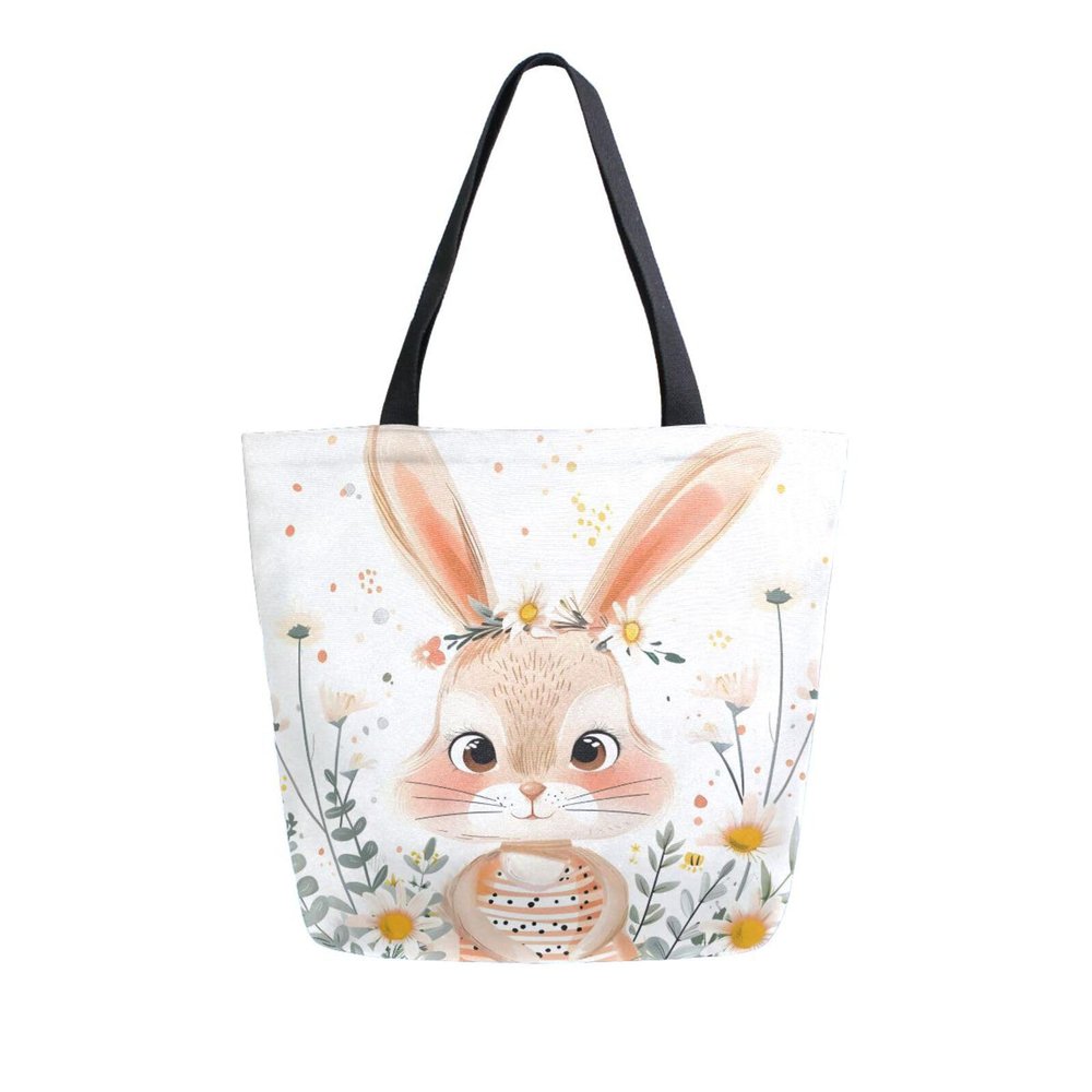 Mnsruu Cartoon Little Bunny Canvas Tote Bag for Women, Large Shoulder Bag, Reusable Grocery Shopping Bag, Handbag, A1386, 34.5 x 13 x 40 cm