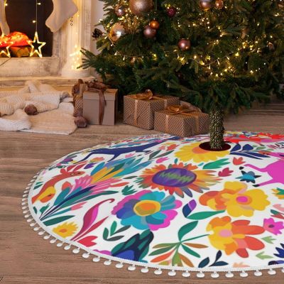 48-Inch Christmas Tree Skirt with Pom-Pom Trim and Mexican Otomi Animals
