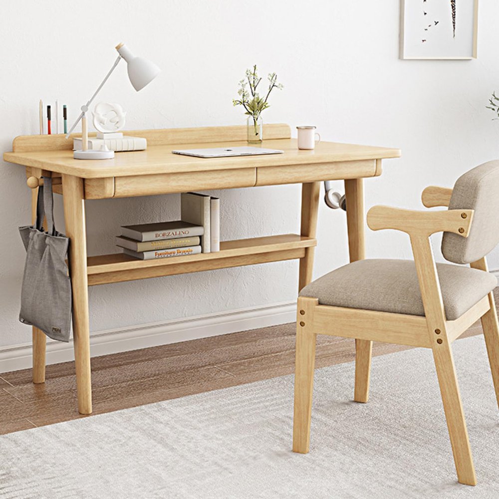 Solid Oak Desk with Drawer and Storage Shelf, Modern Small Home Office Desk for Bedroom, 78.9 cm, Natural Oak