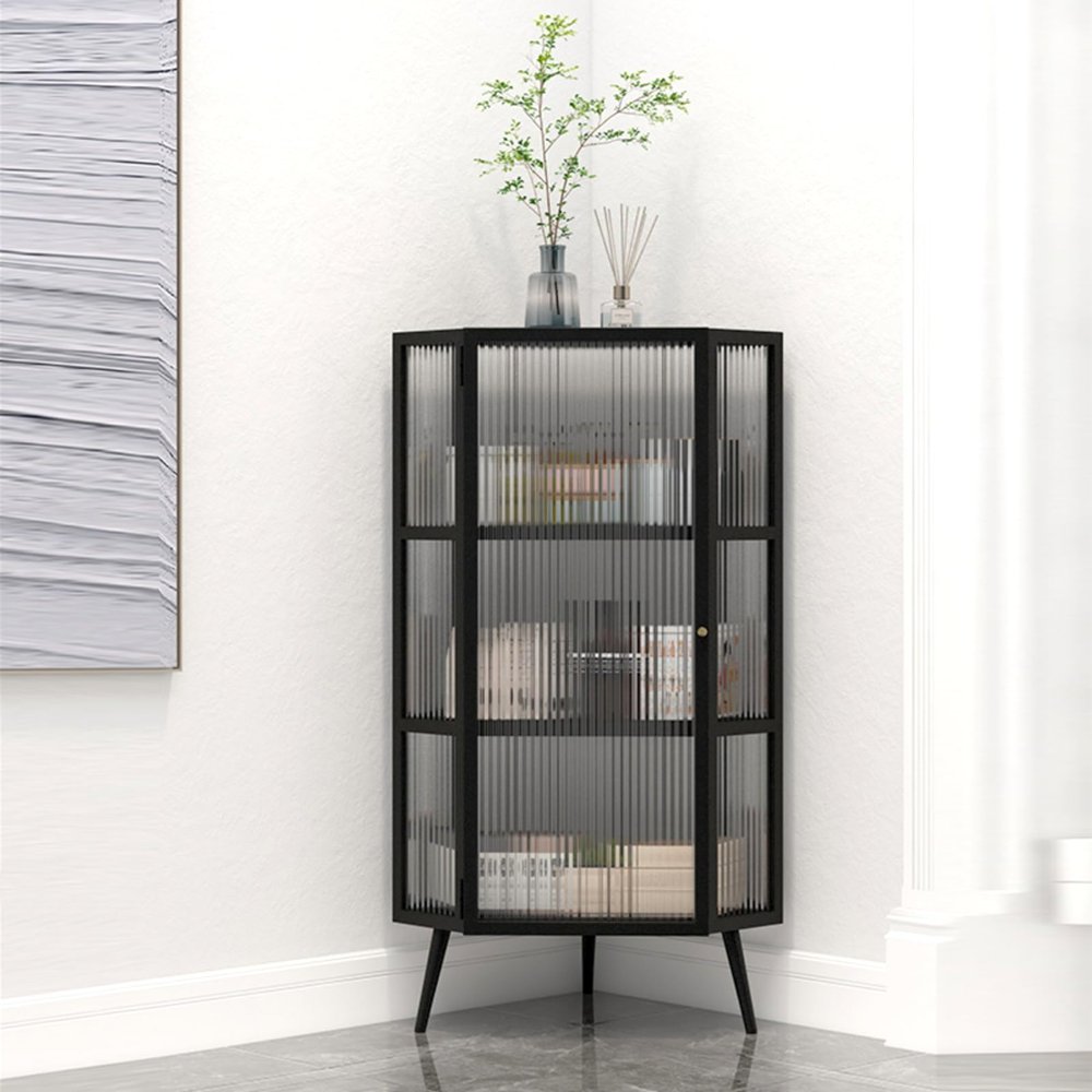 Corner Wine Cabinet with Glass Display Case for Dining or Living Room