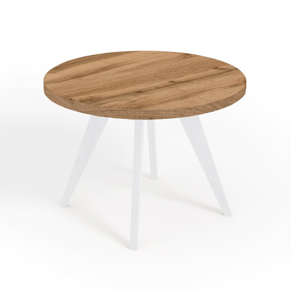 Dekori LORA Round Extendable Dining Table with Wooden Legs, Loft/Scandinavian Style, 90–220 cm, Oak Wotan/White, 110/210 cm