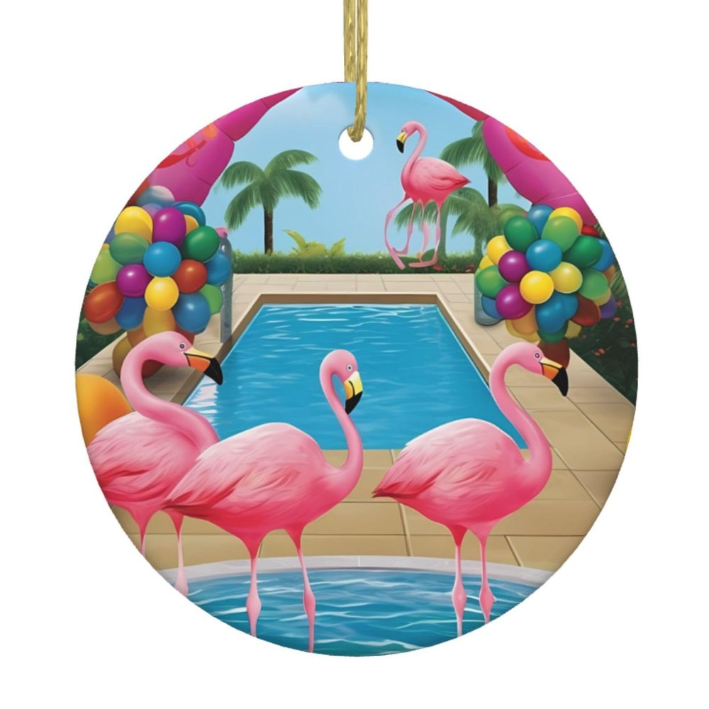 Flamingo and Swimming Pool Round Ceramic Christmas Ornament