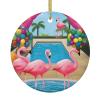 Flamingo and Swimming Pool Round Ceramic Christmas Ornament view 1