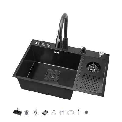 Black Kitchen Sink, Stainless Steel Workstation Sink with Pull-Out Faucet and Complete Accessory Set, 80 x 50 cm