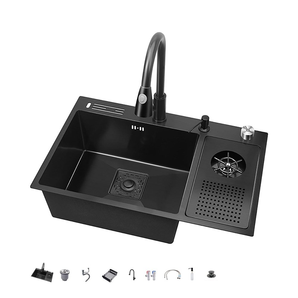 Black Kitchen Sink, Stainless Steel Workstation Sink with Pull-Out Faucet and Complete Accessory Set, 80 x 50 cm