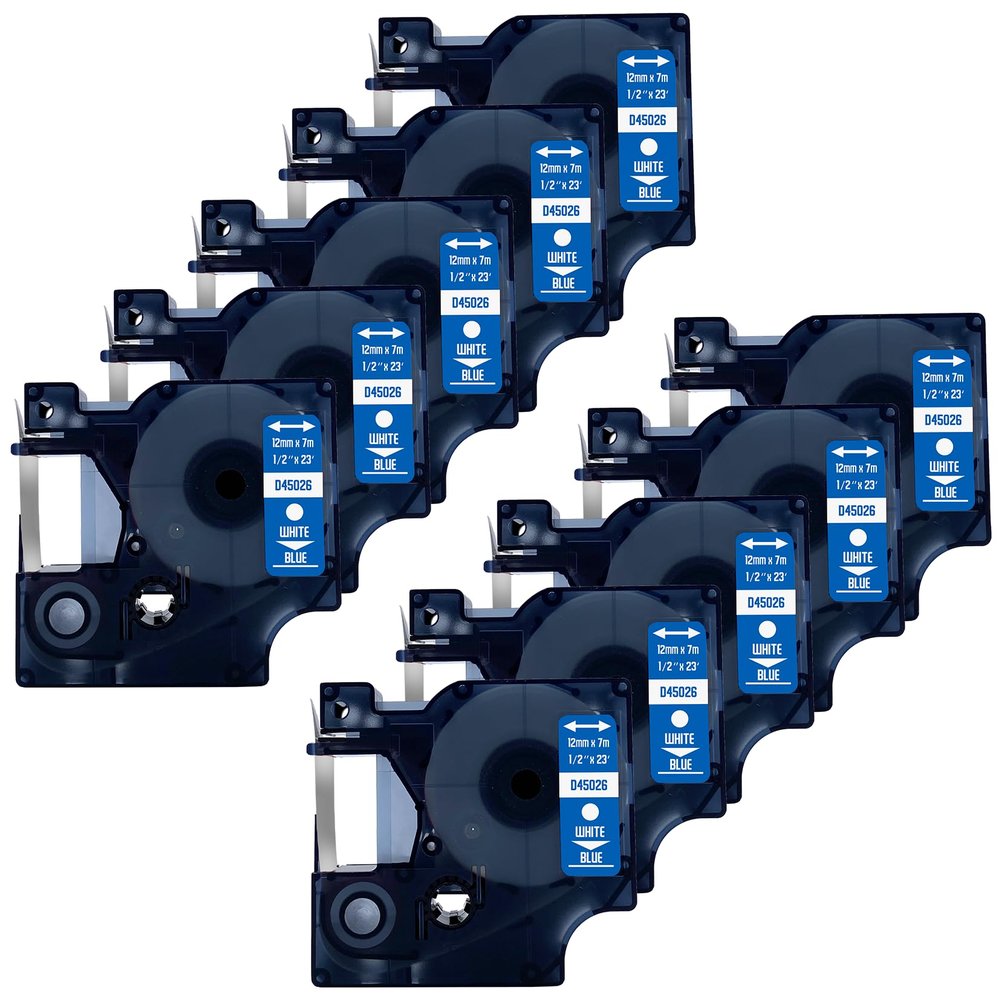 DULA Compatible Dymo D1 45026 Label Tape, 10 Rolls, White on Blue, 12 mm x 7 m