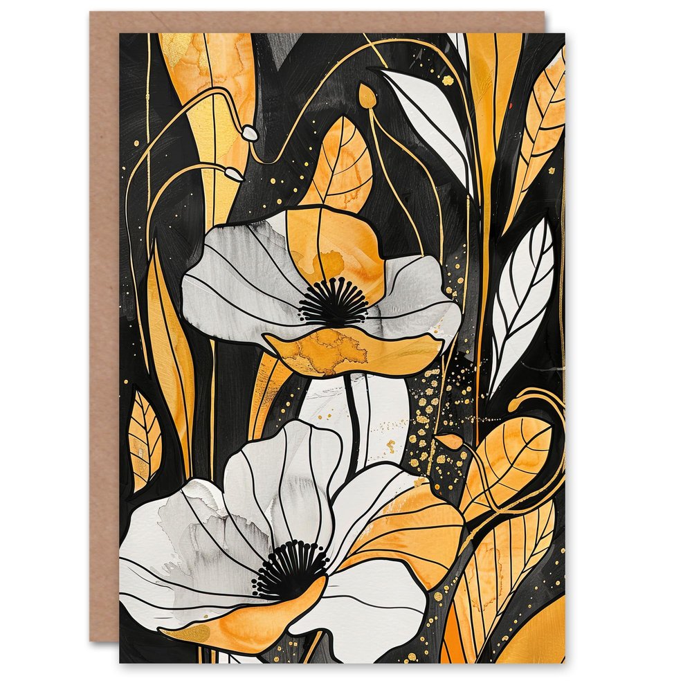 Artery8 Abstract Gold and Black Poppy Flowers Greeting Card for Her, Birthday Card