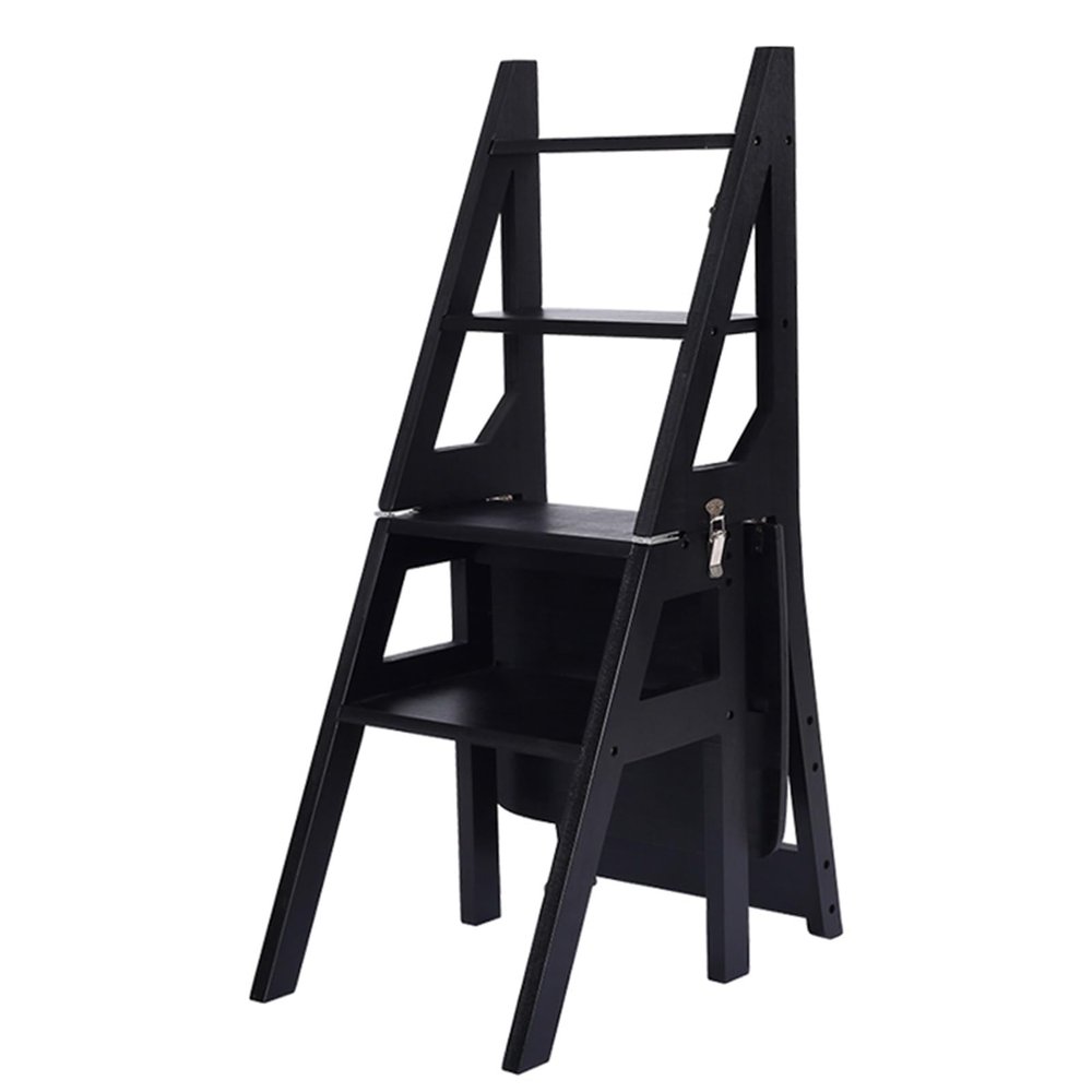 Folding Wooden Library Ladder Chair, 4-Step Portable Stool