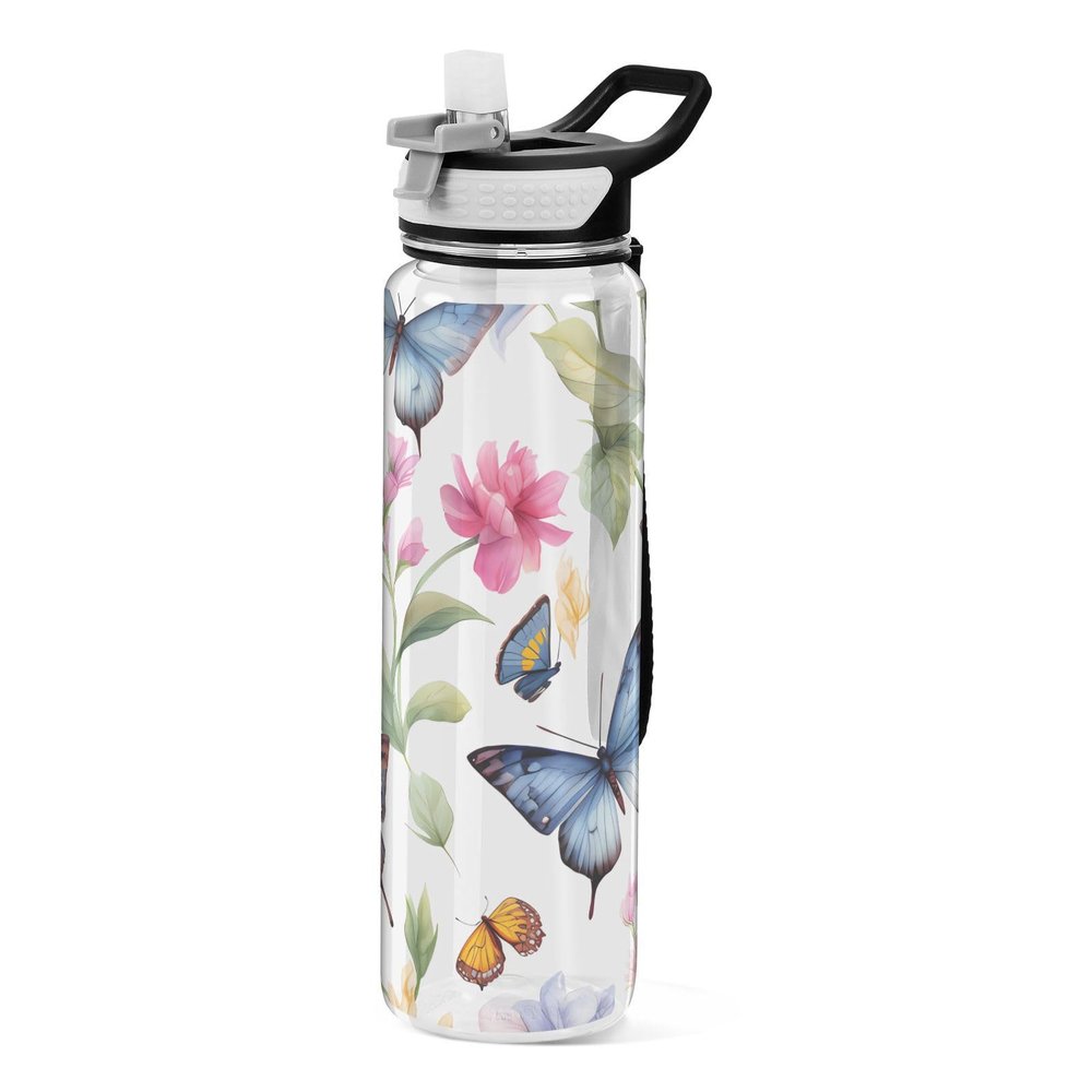 Mnsruu 1L Water Bottle with Straw, Butterfly and Flower Design, BPA-Free Tritan