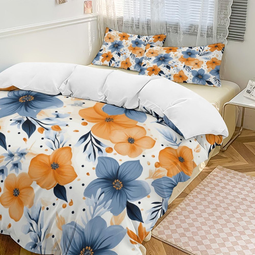 NWTRK 3-Piece Bedding Set with Blue and Orange Flowers on White, Super-Soft Microfiber Duvet Cover Set