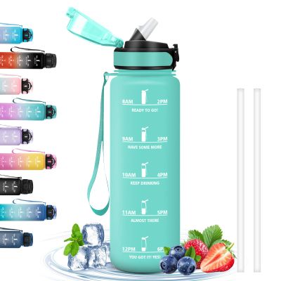 1L Sports Water Bottle with Straw and Time Markings