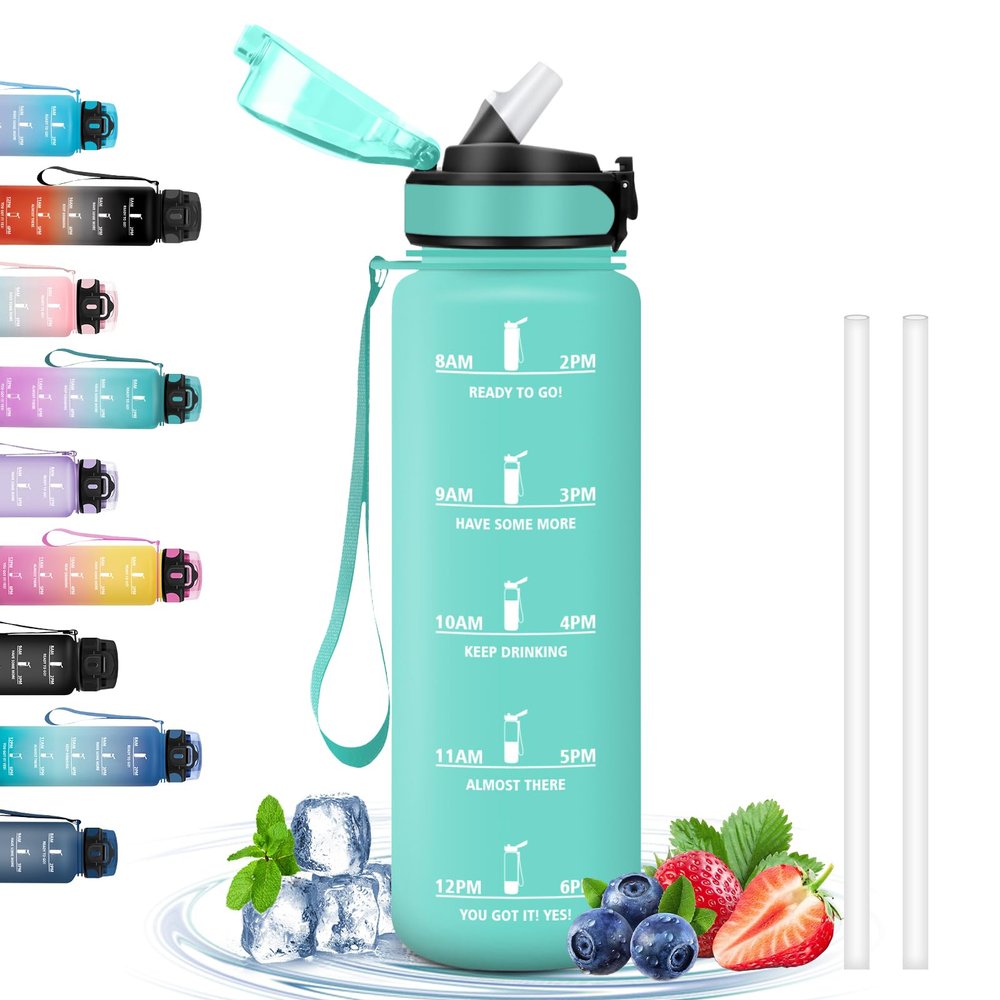 1L Sports Water Bottle with Straw and Time Markings