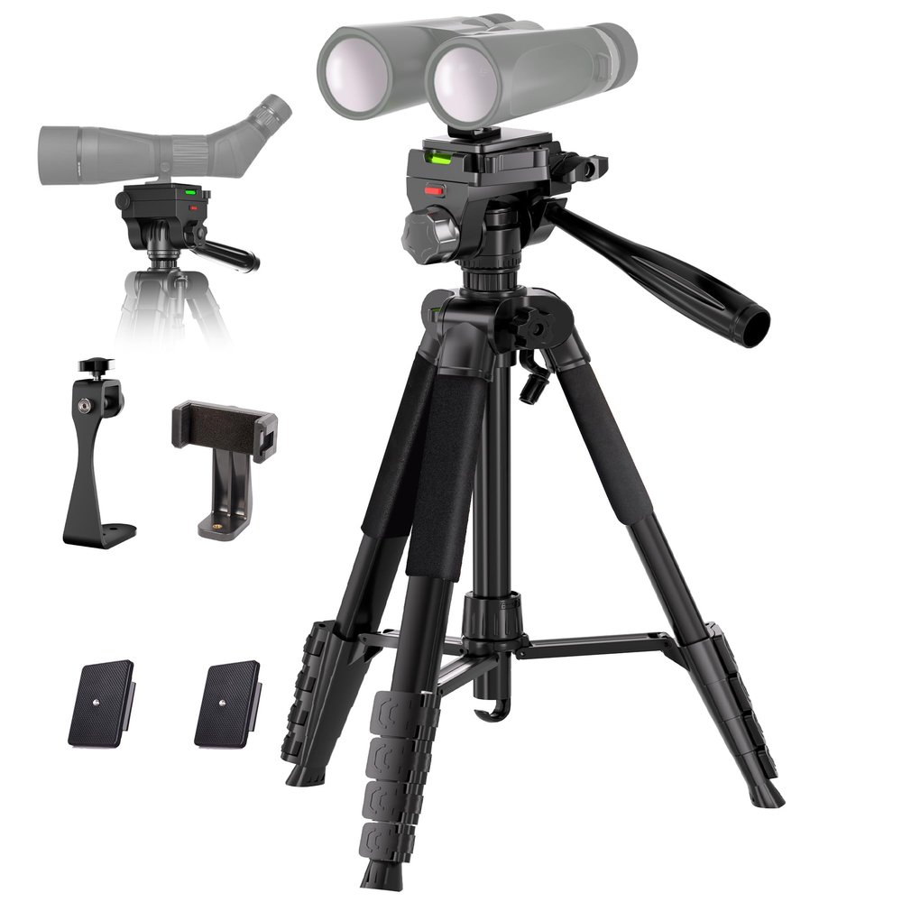 Lusweimi Binocular Tripod, 184 cm Aluminum Spotting Scope Tripod with Adapter, 2 Quick-Release Plates and Phone Holder, Compatible with Binoculars, Spotting Scopes, Cameras and Phones, Black