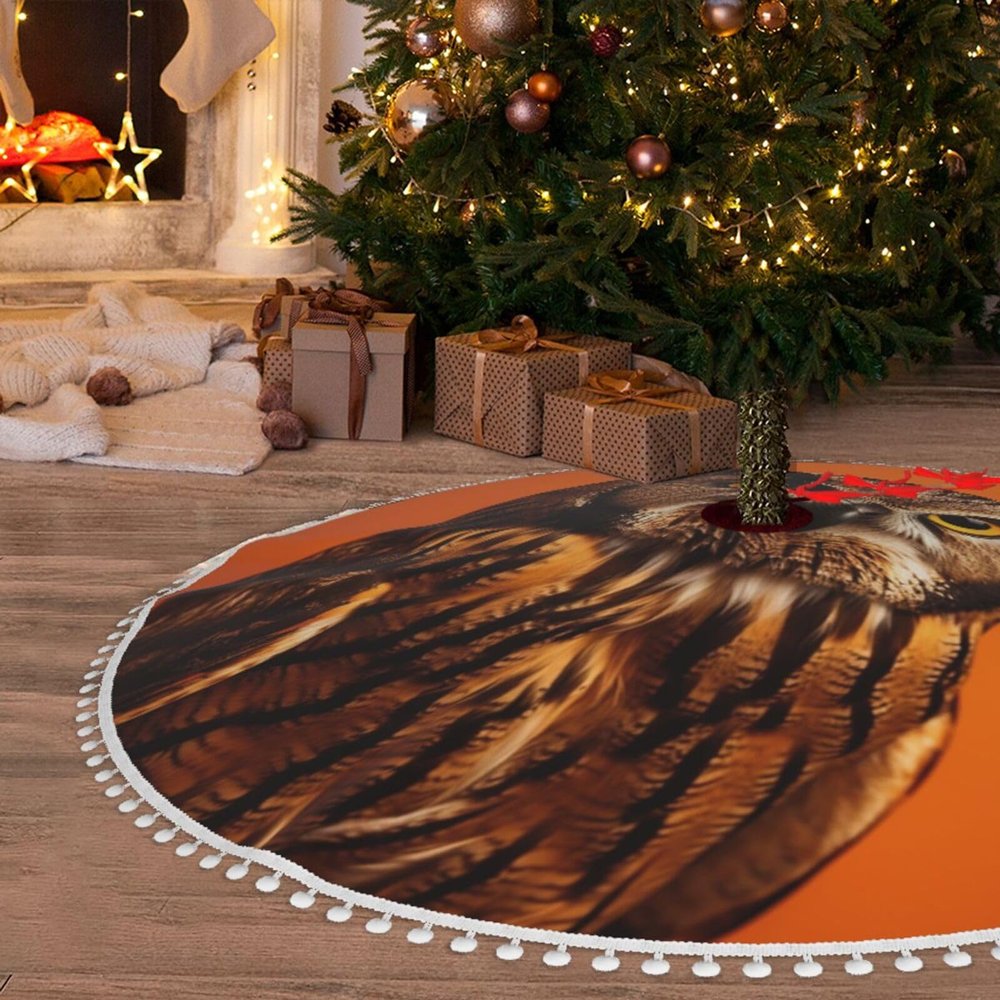 30-Inch Owl Christmas Tree Skirt with Pompom Trim