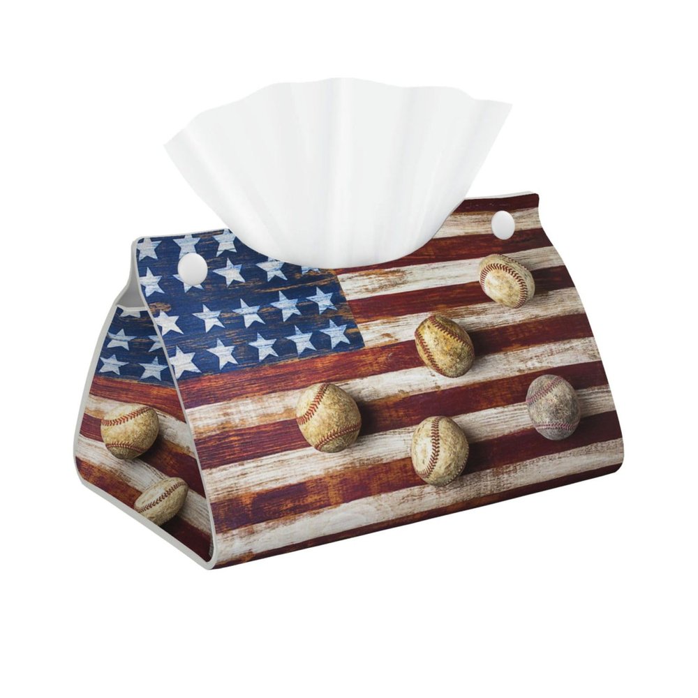 Leather Tissue Box Cover with American Flag and Baseball Print