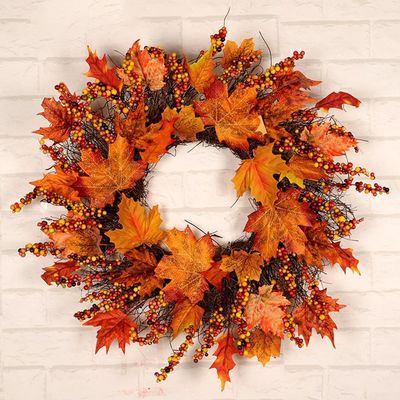 Halloween Fall Door Wreath, Large Maple Leaf Wreath with Pumpkins for Indoor and Outdoor Use